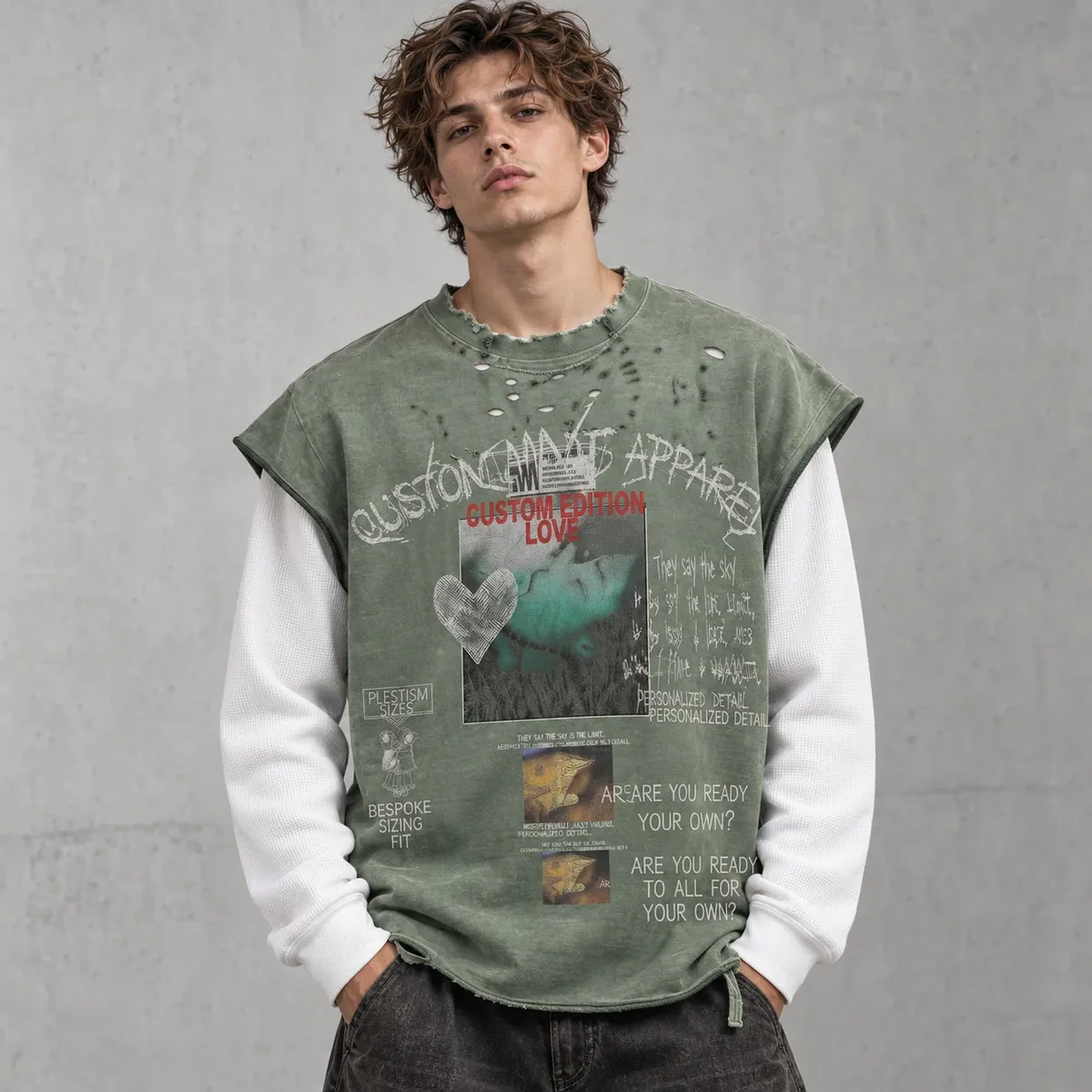 Model wearing double-layer distressed long-sleeve t-shirt