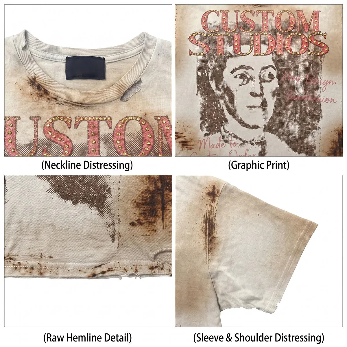 Construction and decoration details for mud-wash rhinestone graphic t-shirt