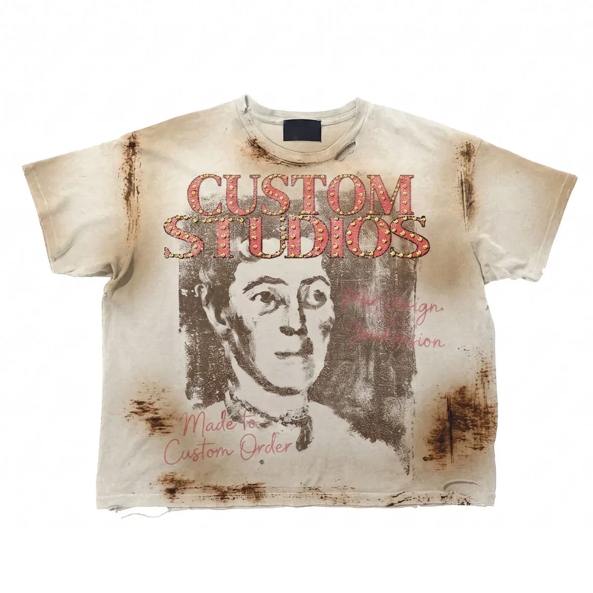 Front view of mud-wash rhinestone graphic t-shirt