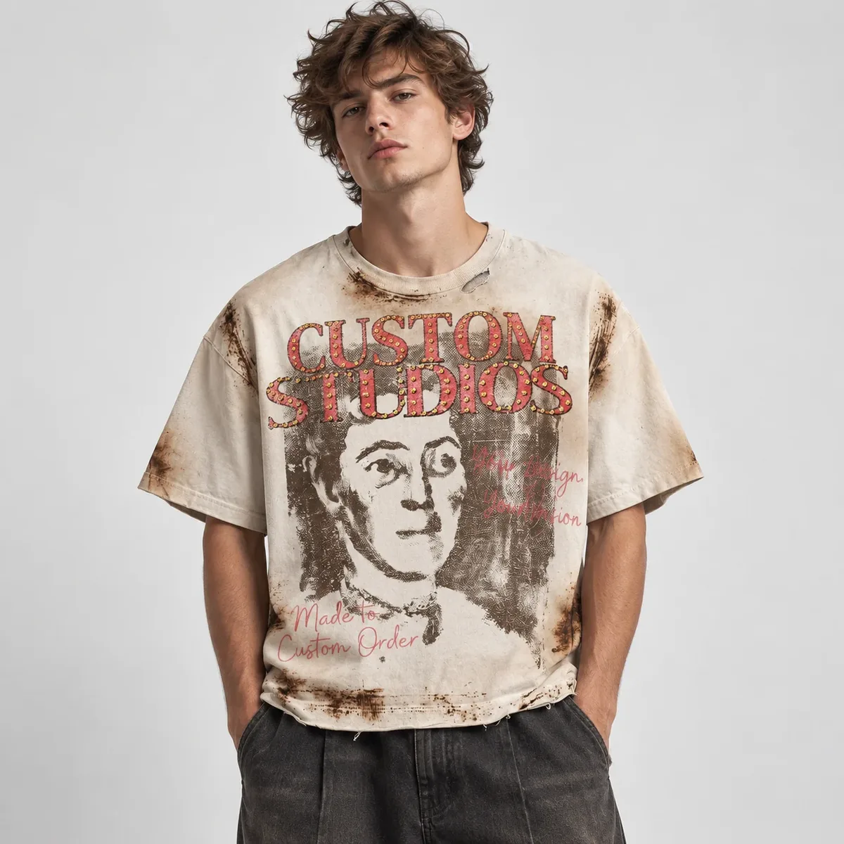 Model wearing mud-wash rhinestone graphic t-shirt