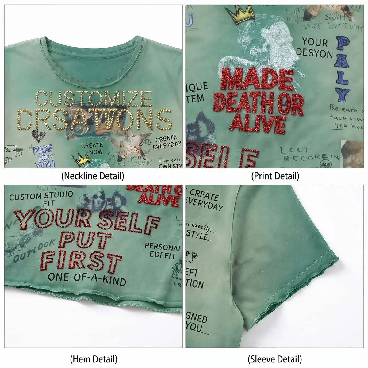 Construction and decoration details for sunfade rhinestone graphic t-shirt