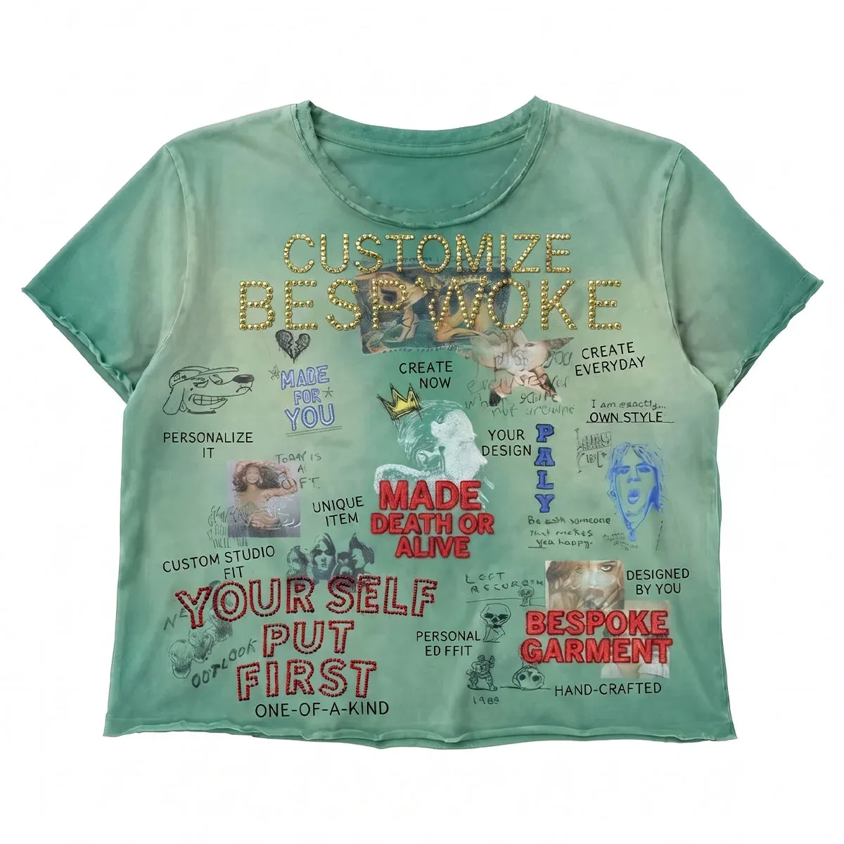 Front view of sunfade rhinestone graphic t-shirt