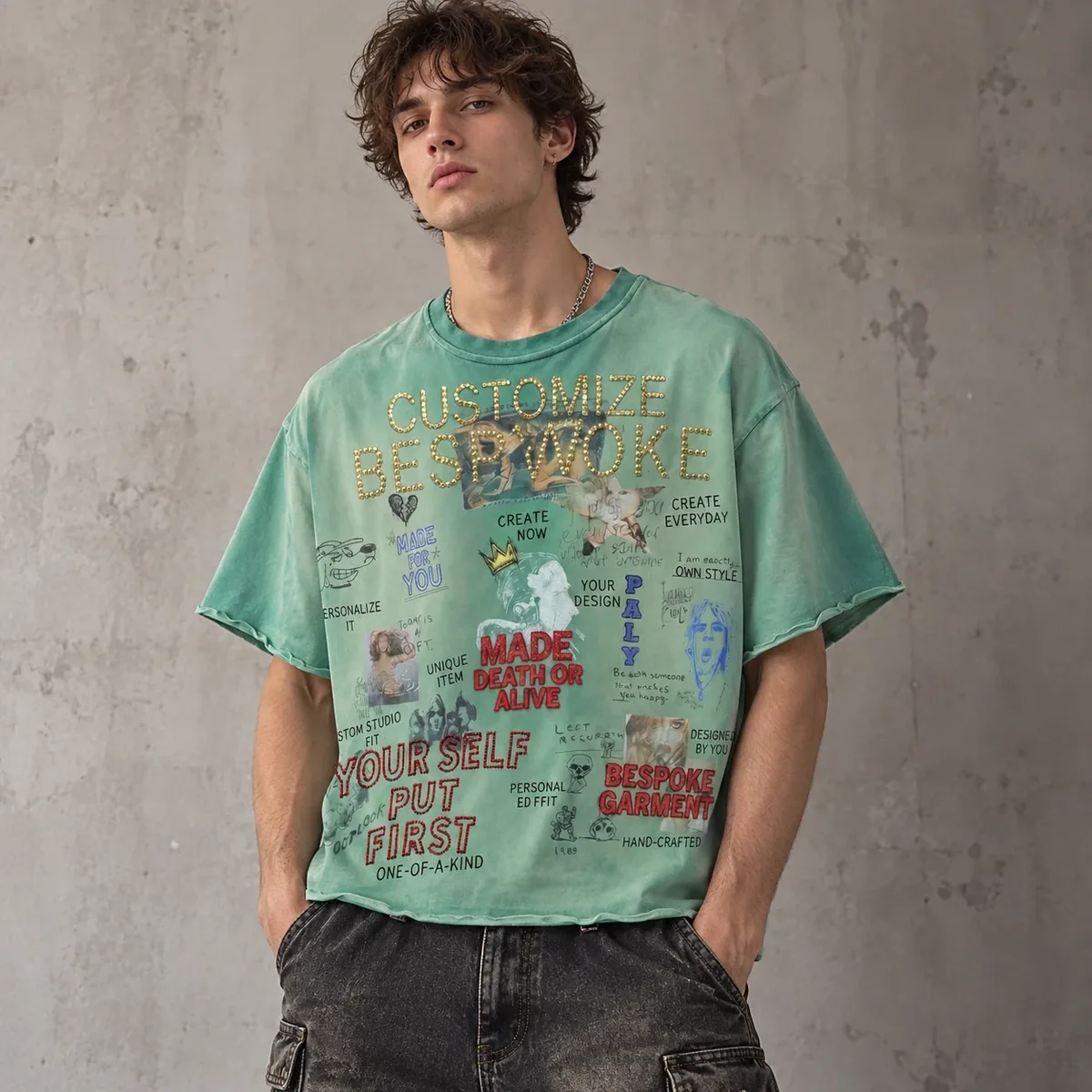 Model wearing sunfade rhinestone graphic t-shirt